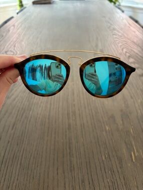 Ray-Ban Tortoise Frame Sunglasses with Blue Mirrored Lenses and Gold Bridge